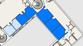 
							Planritning för Banken Coworking, 5 privata rum, 79 m²