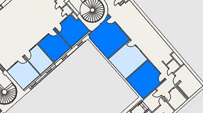 
							Planritning för Banken Coworking, 4 privata rum, 62 m²