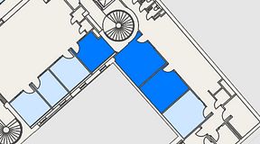 
							Planritning för Banken Coworking, 3 privata rum, 50 m²