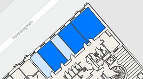 
							Planritning för Banken Coworking, 3 privata rum, 90 m²