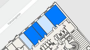 
							Planritning för Banken Coworking, 3 privata rum, 79 m²