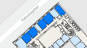 
							Planritning för Banken Coworking, 5 privata rum, 99 m²