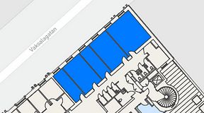 
							Planritning för Banken Coworking, 5 privata rum, 116 m²