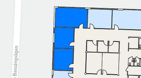 
							Planritning för EQ Coworking, 3 privata rum, 69 m²