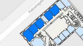 
							Planritning för Banken Coworking, 5 privata rum, 96 m²