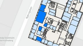 
							Planritning för Regus Östermalmstorg, 5 privata rum, 107 m²