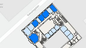 
							Planritning för Banken Coworking, 5 privata rum, 117 m²