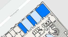 
							Planritning för Banken Coworking, 3 privata rum, 58 m²