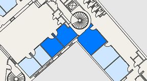 
							Planritning för Banken Coworking, 3 privata rum, 45 m²