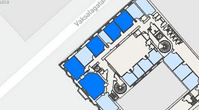 
							Planritning för Banken Coworking, 5 privata rum, 114 m²