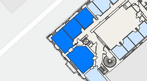 
							Planritning för Banken Coworking, 4 privata rum, 94 m²