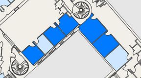 
							Planritning för Banken Coworking, 5 privata rum, 74 m²