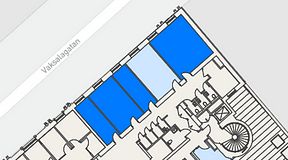 
							Planritning för Banken Coworking, 4 privata rum, 92 m²