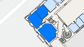 
							Planritning för Banken Coworking, 3 privata rum, 74 m²